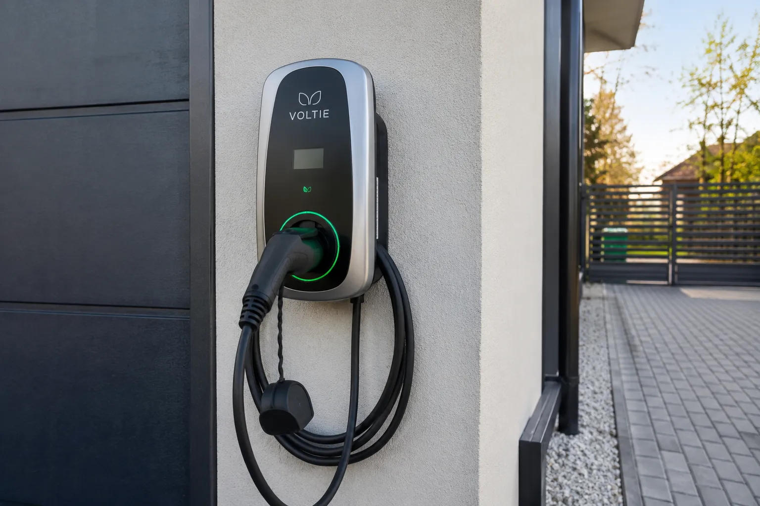 Fali elektromos autótöltő egy családi ház bejárata mellett